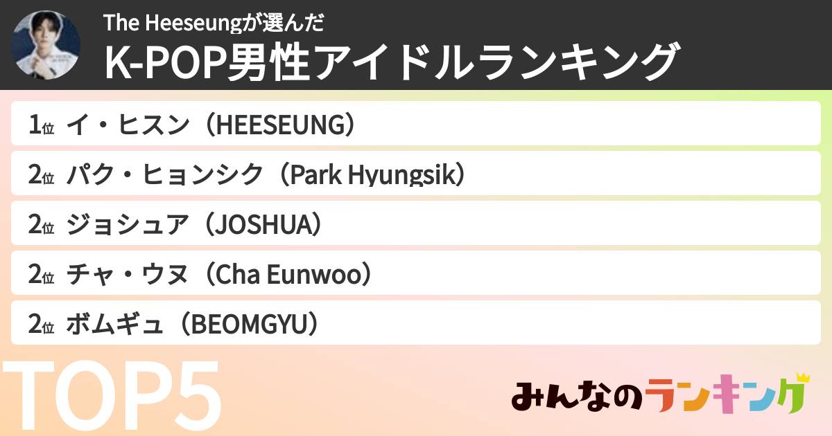 The Heeseungさんの「K-POP男性アイドルランキング」