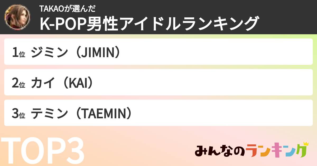 TAKAOさんの「K-POP男性アイドルランキング」
