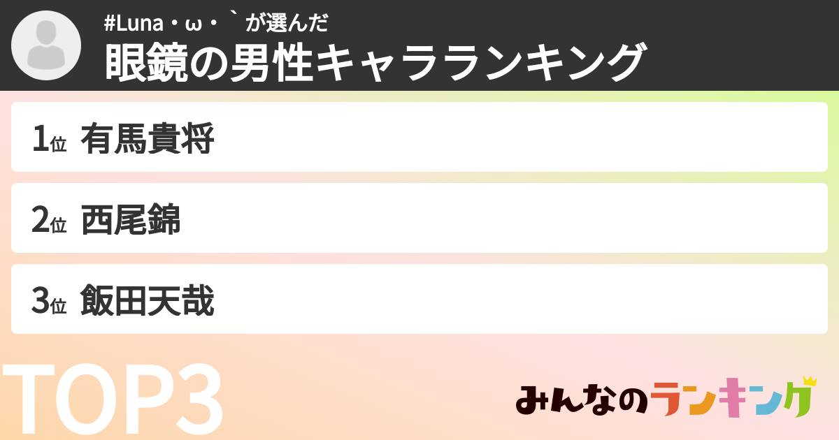 #Luna・ω・｀さんの「眼鏡の男性キャラランキング」