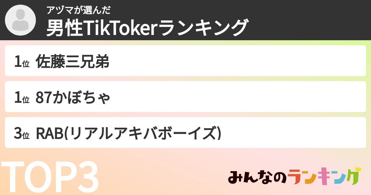 アヅマさんの「男性TikTokerランキング」