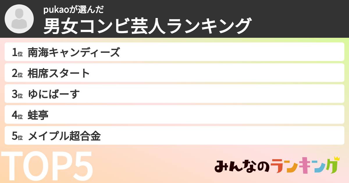 pukaoさんの「男女コンビ芸人ランキング」