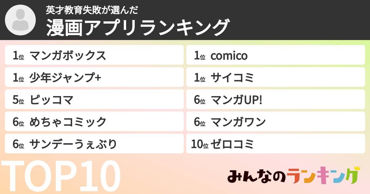 英才教育失敗さんの「漫画アプリランキング」