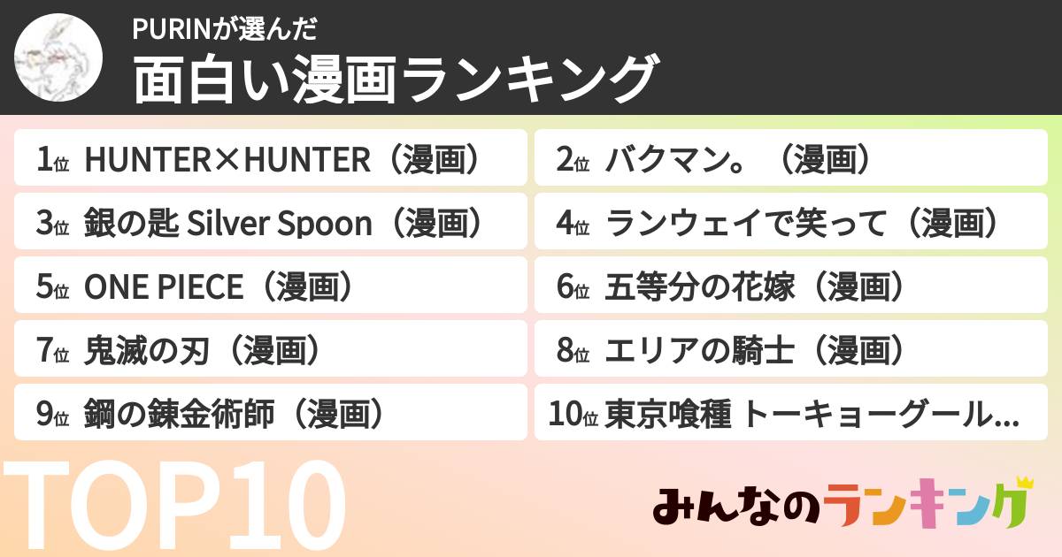 PURINさんの「面白い漫画ランキング」