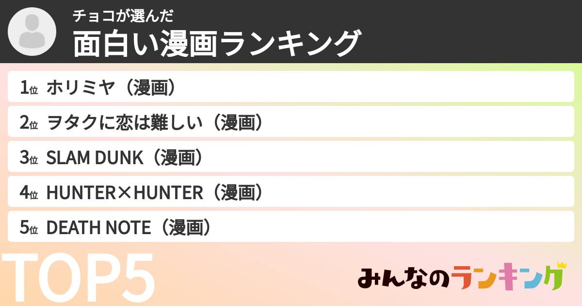 チョコさんの「面白い漫画ランキング」