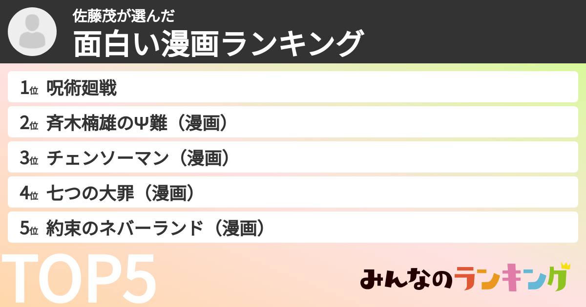 佐藤茂さんの「面白い漫画ランキング」