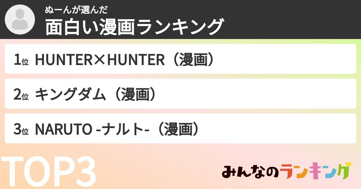 ぬーんさんの「面白い漫画ランキング」