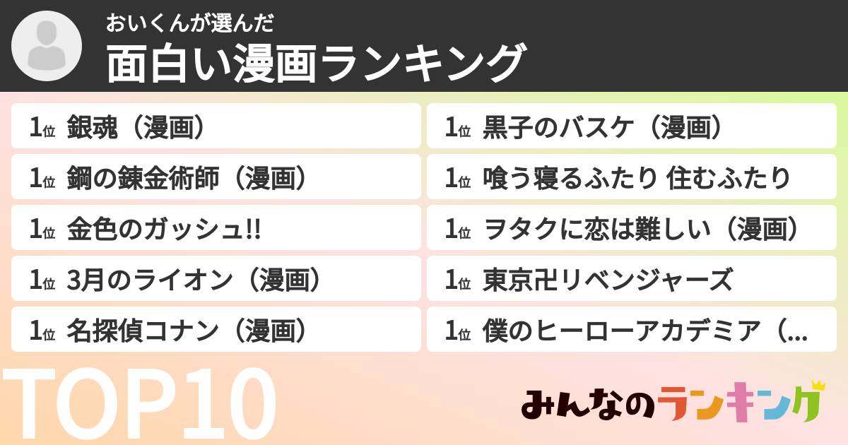 おいくんさんの「面白い漫画ランキング」