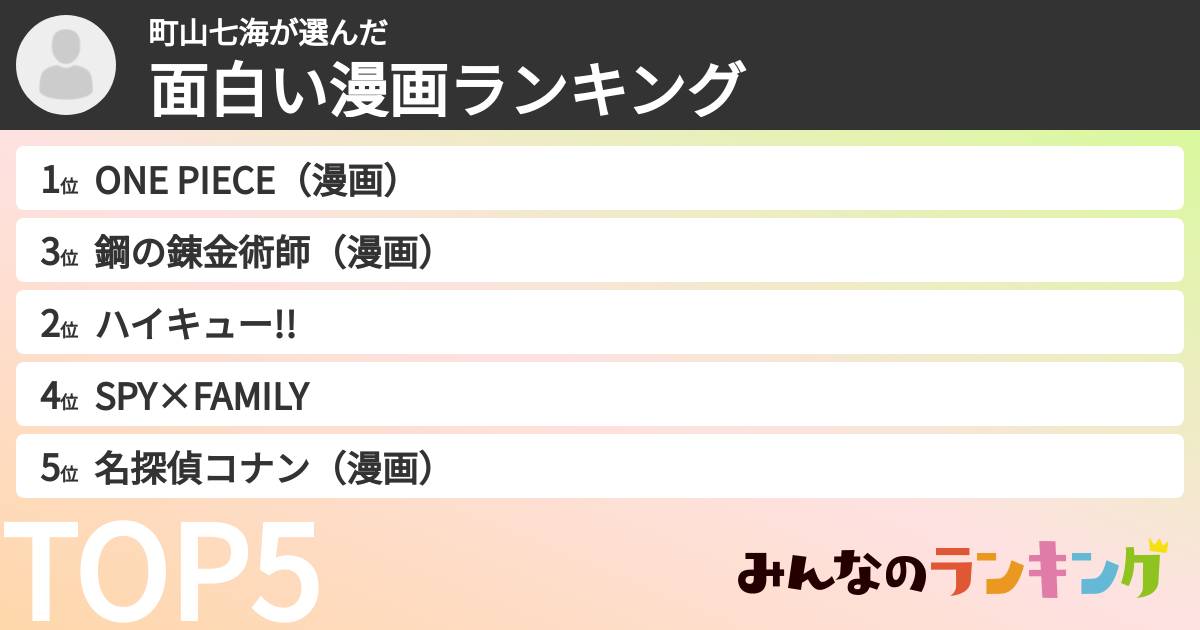 町山七海さんの「面白い漫画ランキング」