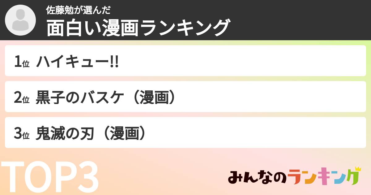 佐藤勉さんの「面白い漫画ランキング」