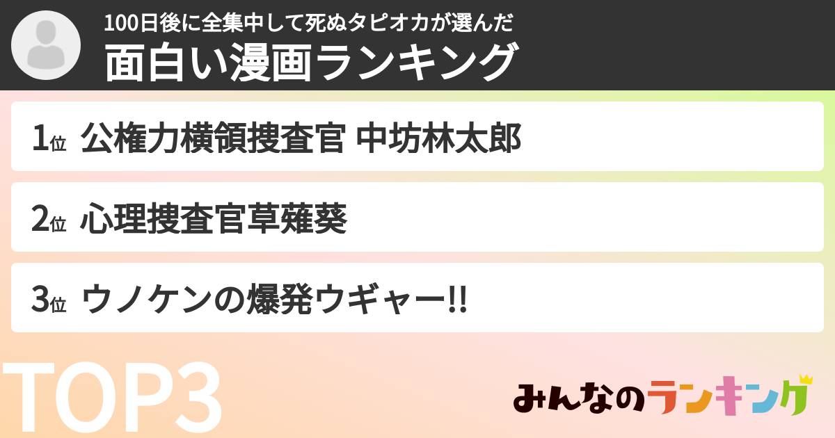 100日後に全集中して死ぬタピオカさんの「面白い漫画ランキング」