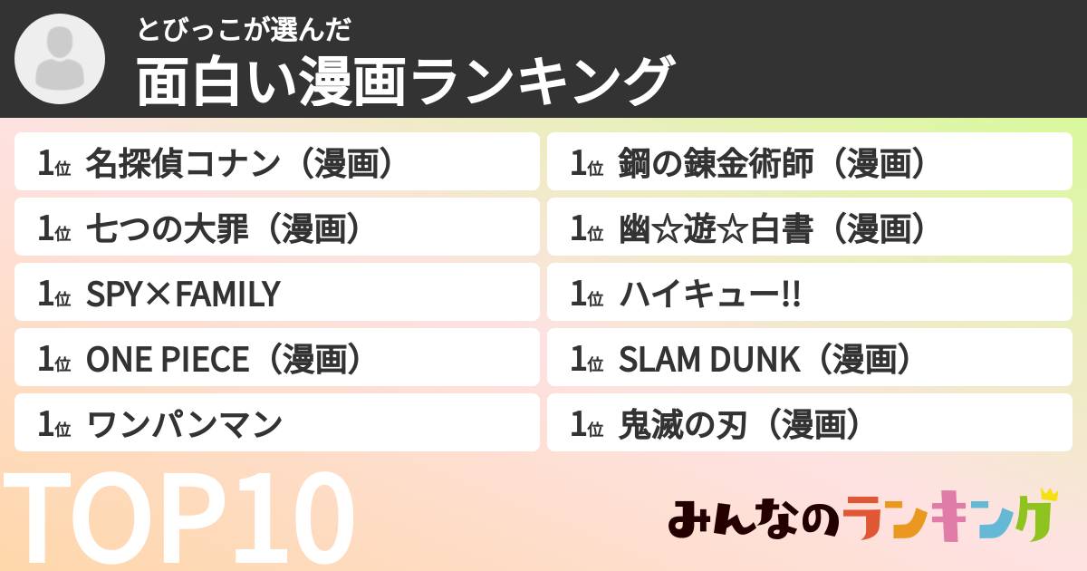 とびっこさんの「面白い漫画ランキング」