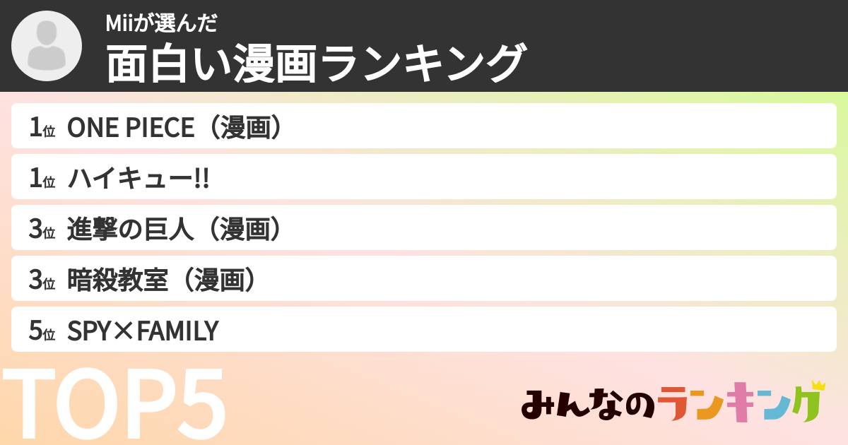 Miiさんの「面白い漫画ランキング」