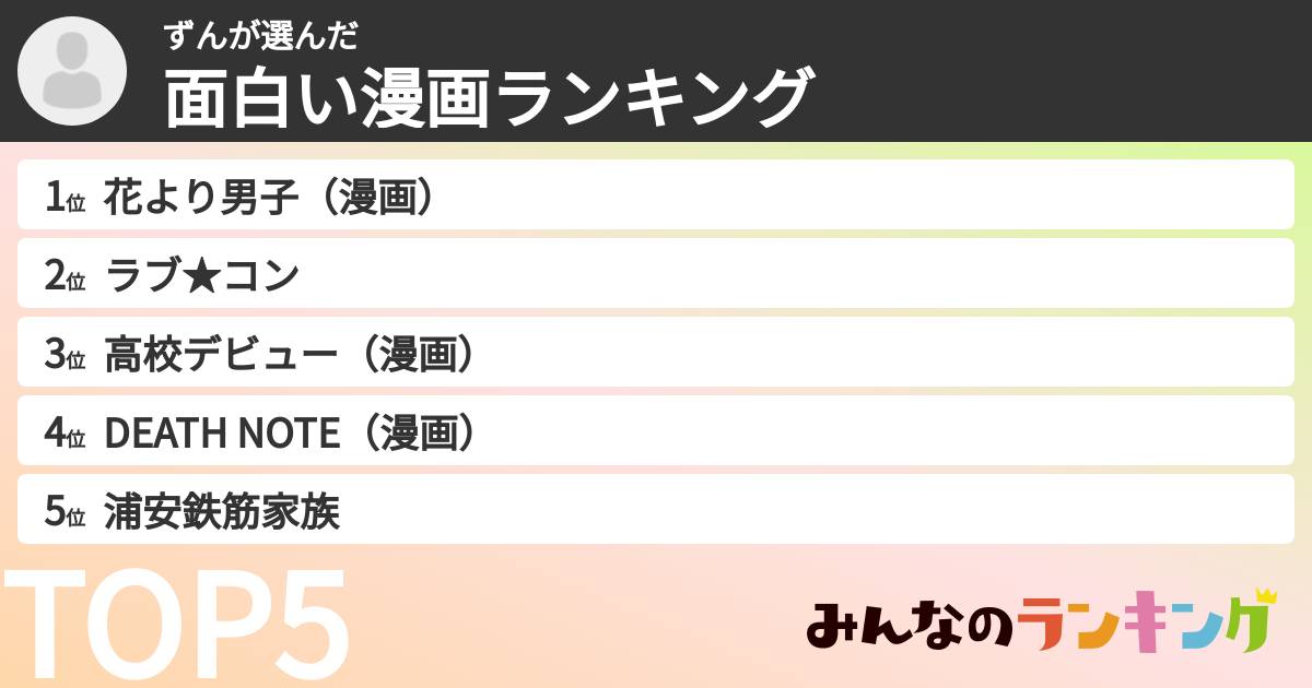 ずんさんの「面白い漫画ランキング」