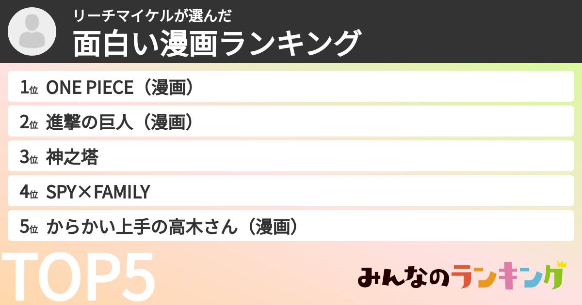 リーチマイケルさんの「面白い漫画ランキング」