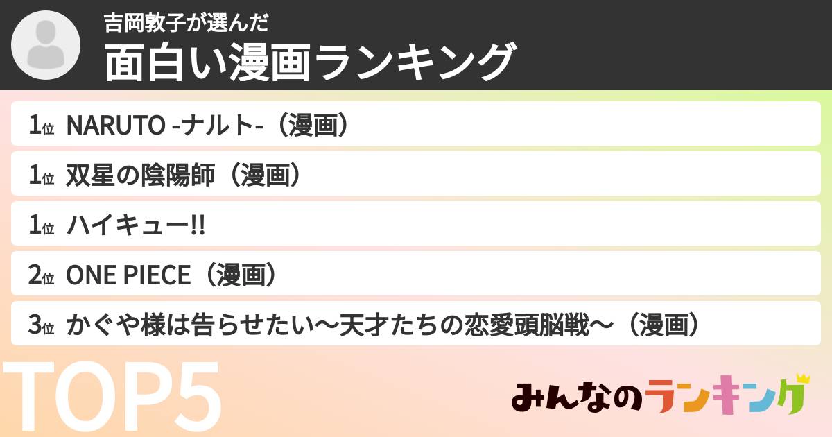 吉岡敦子さんの「面白い漫画ランキング」