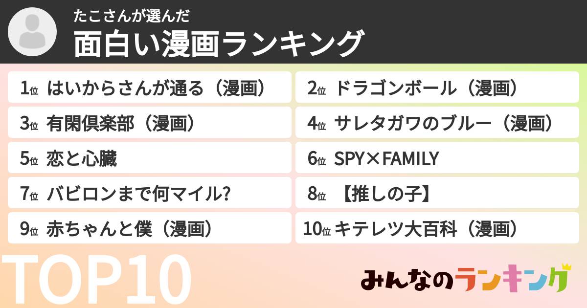 たこさんさんの「面白い漫画ランキング」