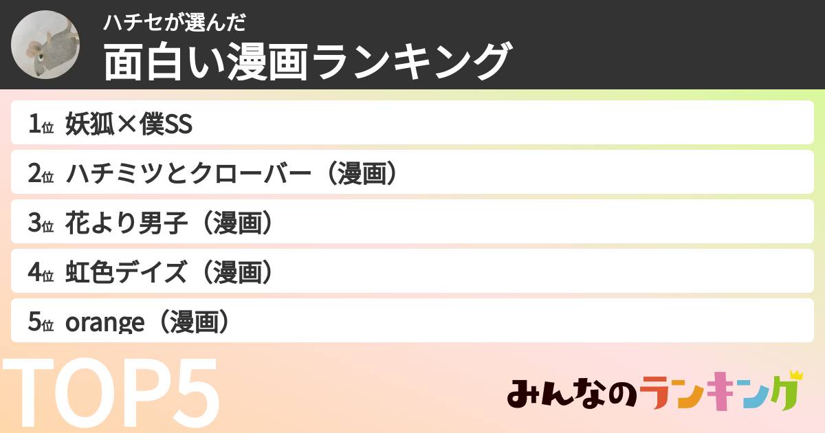 ハチセさんの「面白い漫画ランキング」