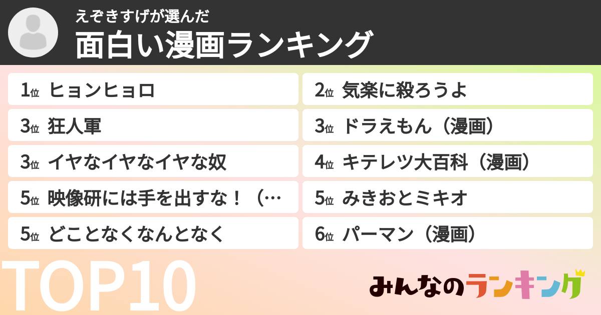 えぞきすげさんの「面白い漫画ランキング」