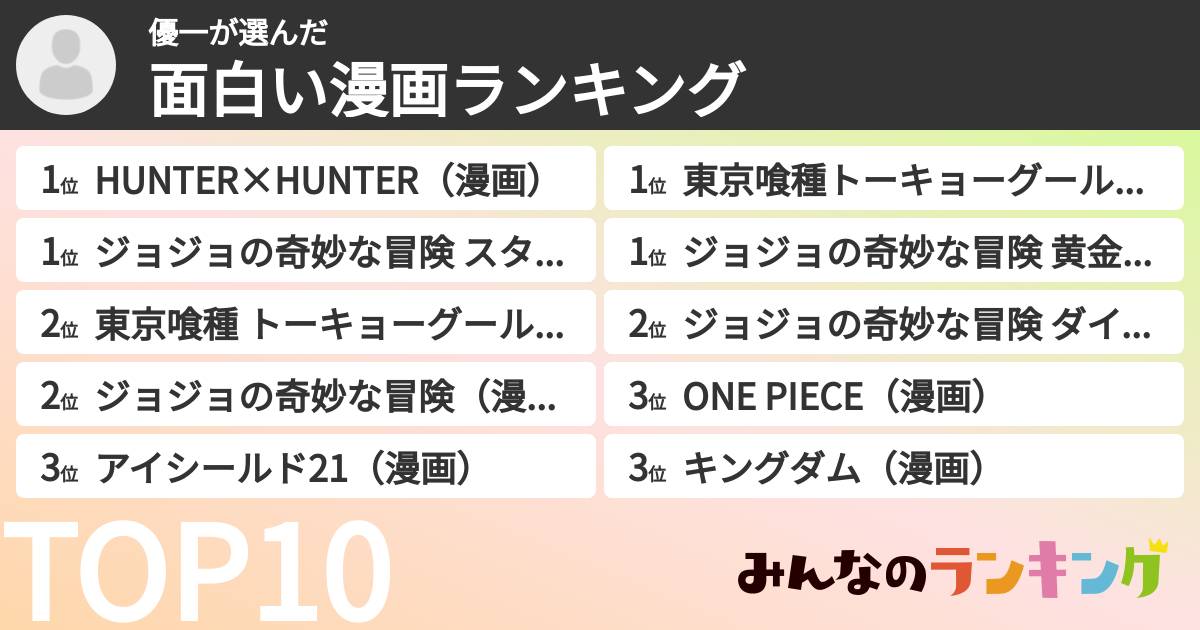 優一さんの「面白い漫画ランキング」