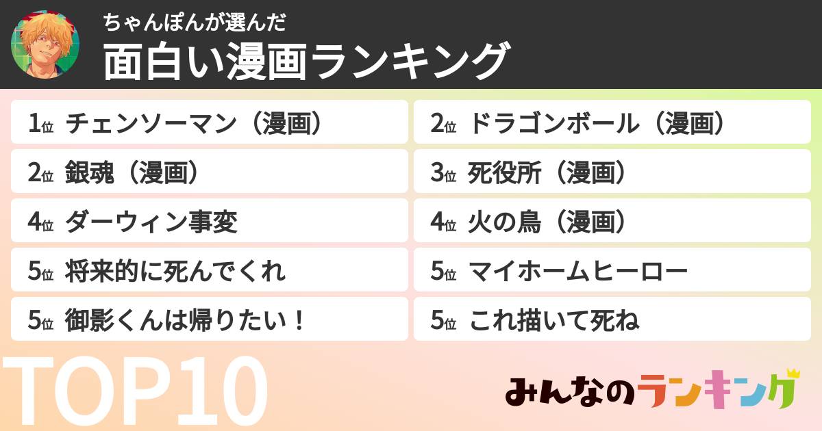 ちゃんぽんさんの「面白い漫画ランキング」