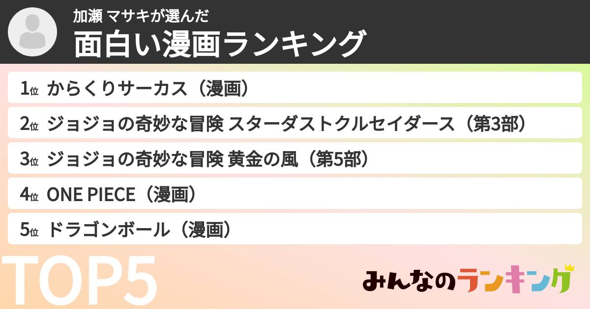 加瀬 マサキさんの「面白い漫画ランキング」