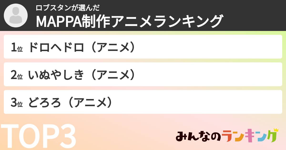 ロブスタンさんの「MAPPA制作アニメランキング」
