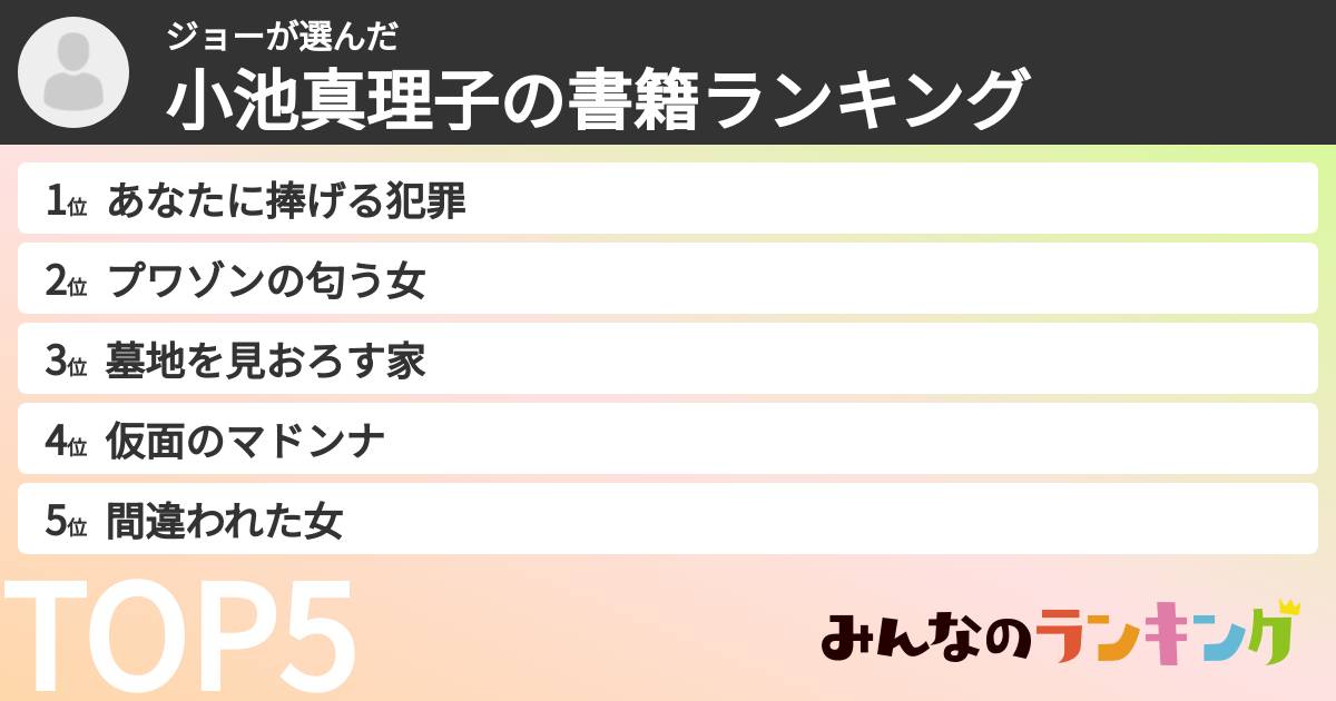 ジョーさんの「小池真理子の書籍ランキング」