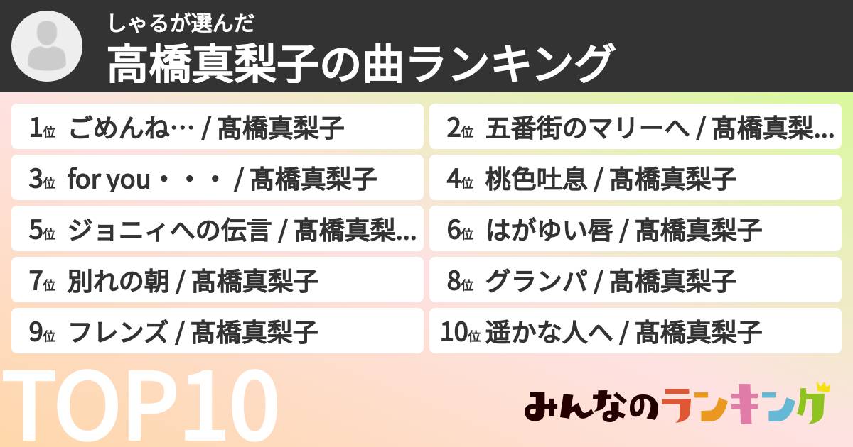 しゃるさんの「高橋真梨子の曲ランキング」