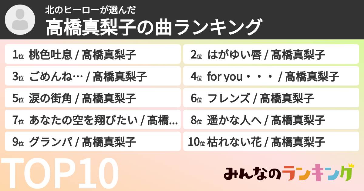 北のヒーローさんの「高橋真梨子の曲ランキング」
