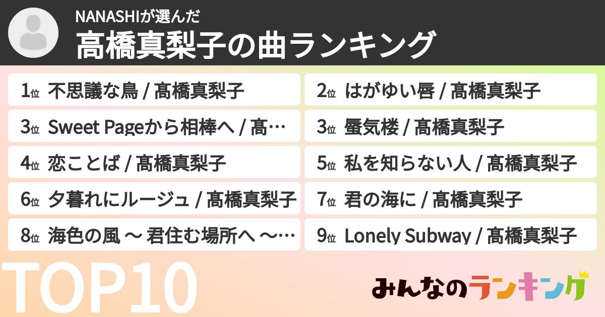 NANASHIさんの「高橋真梨子の曲ランキング」