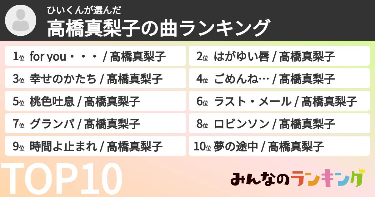 ひいくんさんの「高橋真梨子の曲ランキング」