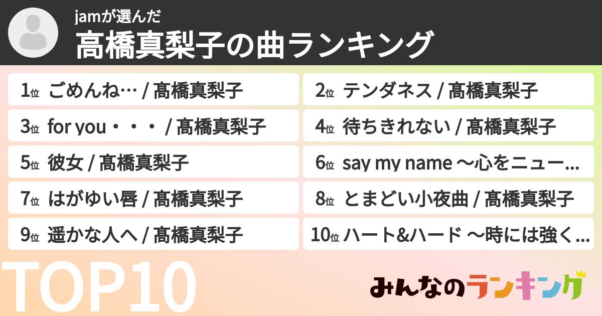 jamさんの「高橋真梨子の曲ランキング」