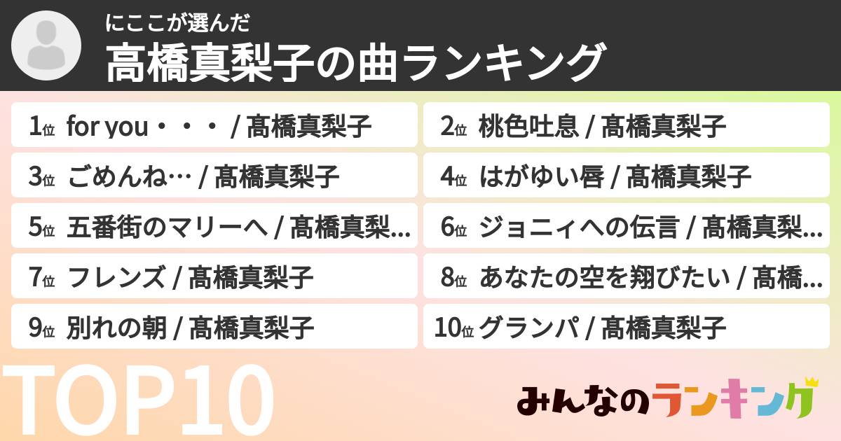 にここさんの「高橋真梨子の曲ランキング」