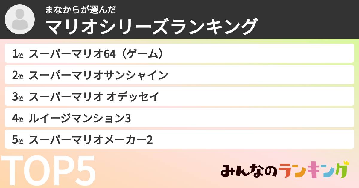 まなからさんの「マリオシリーズランキング」