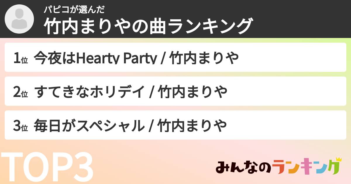 パピコさんの「竹内まりやの曲ランキング」