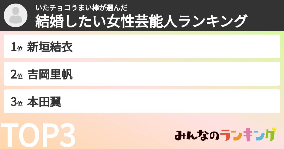 いたチョコうまい棒さんの「結婚したい女性芸能人ランキング」