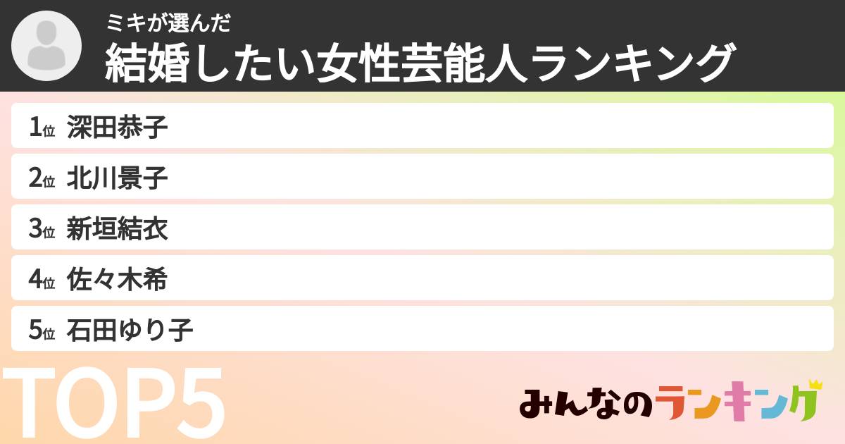 ミキさんの「結婚したい女性芸能人ランキング」