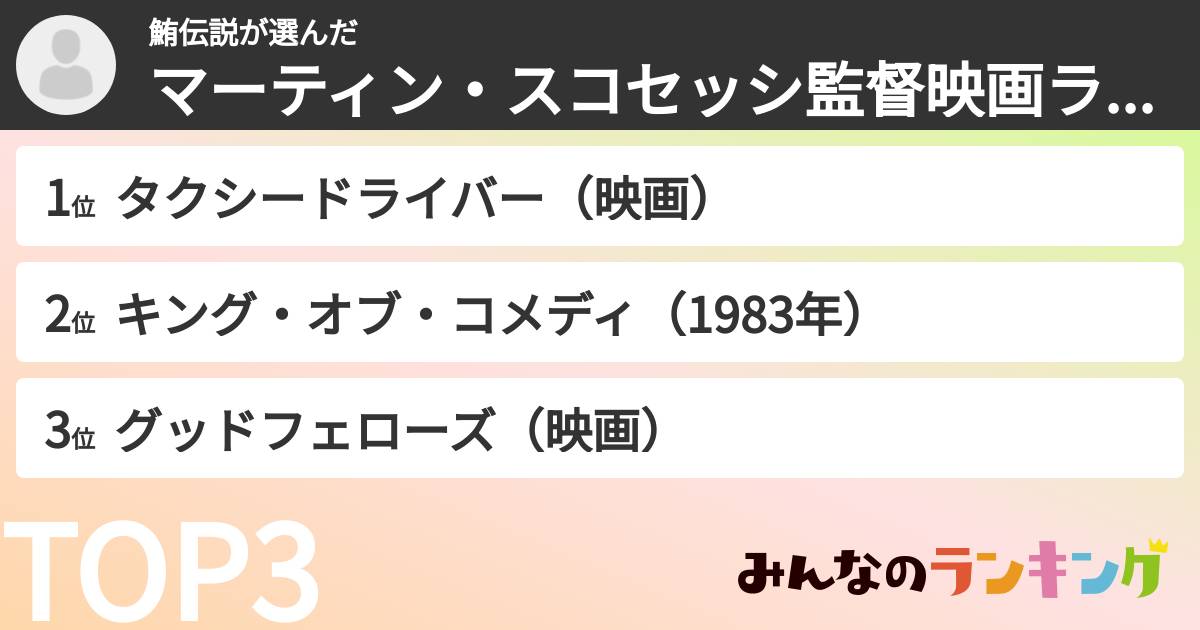 鮪伝説さんの「マーティン・スコセッシ監督映画ランキング」