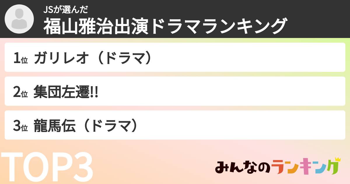 JSさんの「福山雅治出演ドラマランキング」
