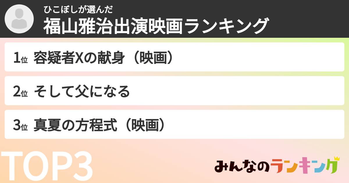 ひこぼしさんの「福山雅治出演映画ランキング」