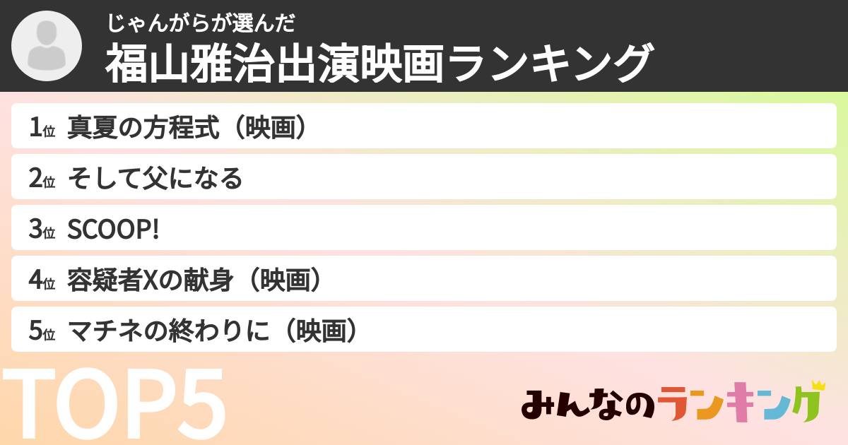 じゃんがらさんの「福山雅治出演映画ランキング」