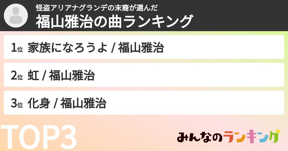 怪盗アリアナグランデの末裔さんの「福山雅治の曲ランキング」