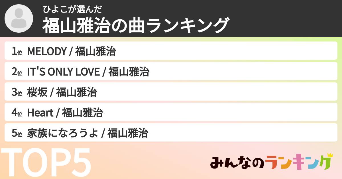 ひよこさんの「福山雅治の曲ランキング」