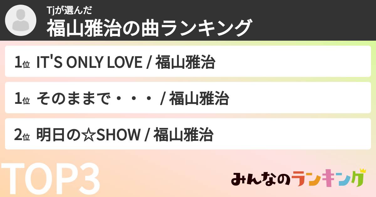 Tjさんの「福山雅治の曲ランキング」