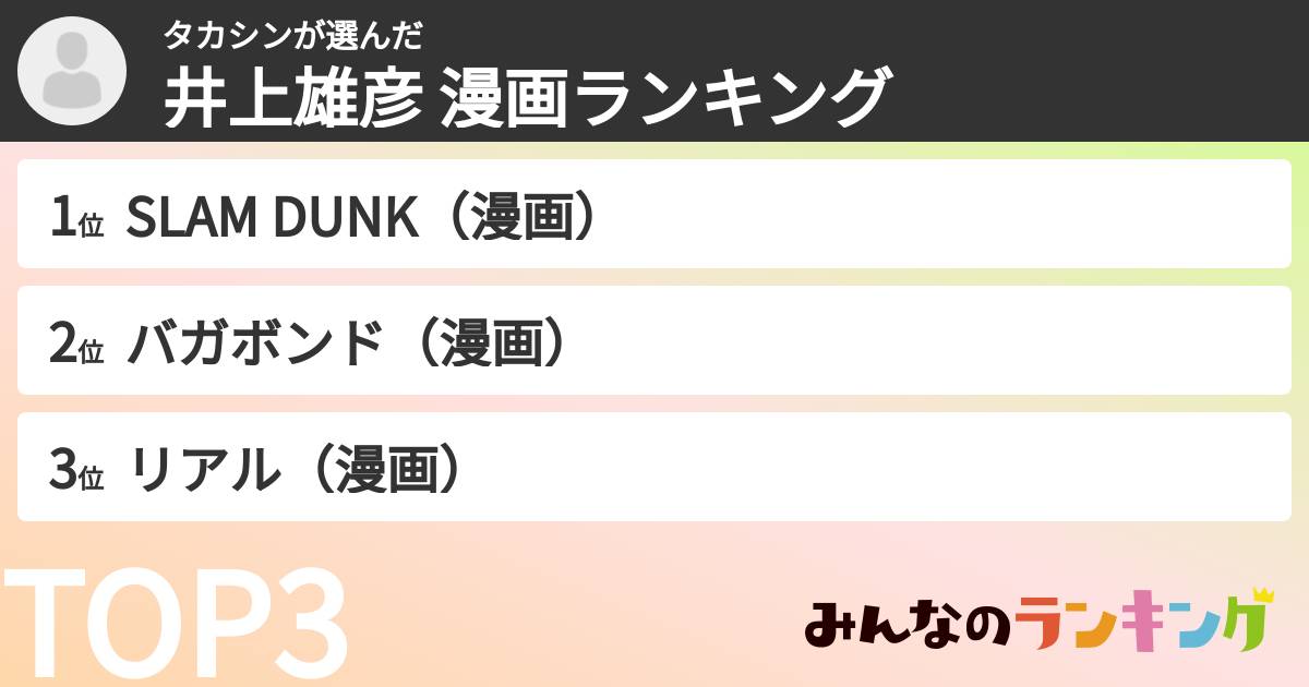タカシンさんの「井上雄彦 漫画ランキング」