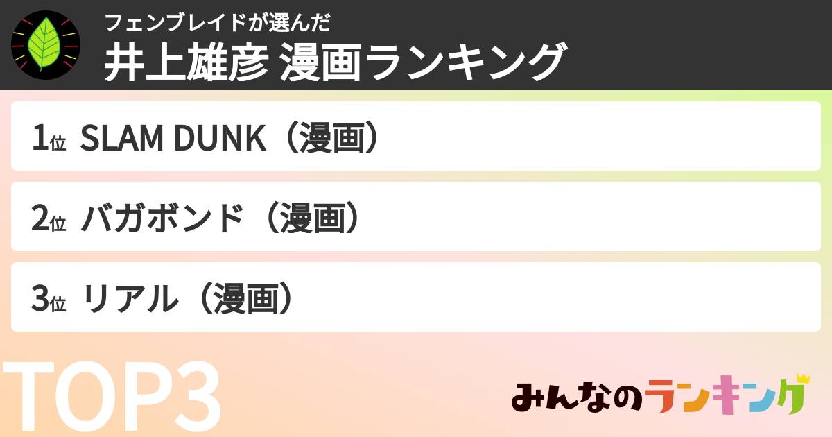 フェンブレイドさんの「井上雄彦 漫画ランキング」