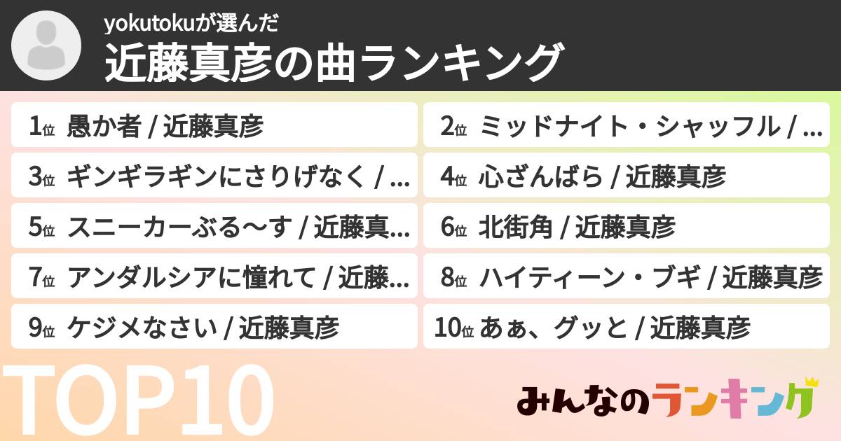 yokutokuさんの「近藤真彦の曲ランキング」