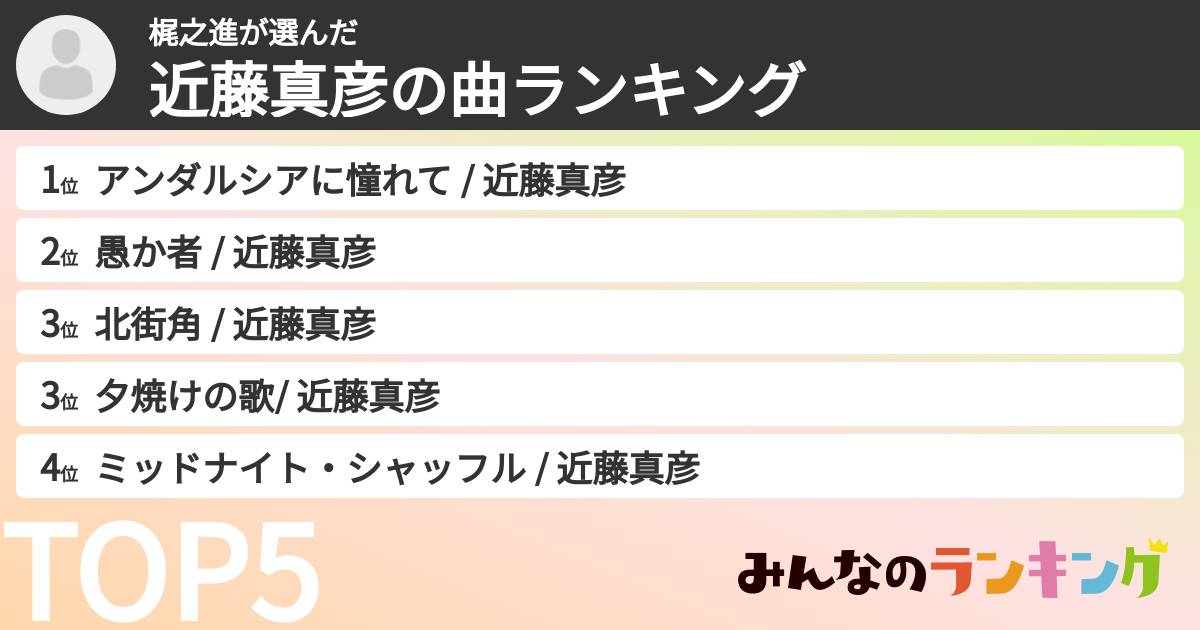 梶之進さんの「近藤真彦の曲ランキング」