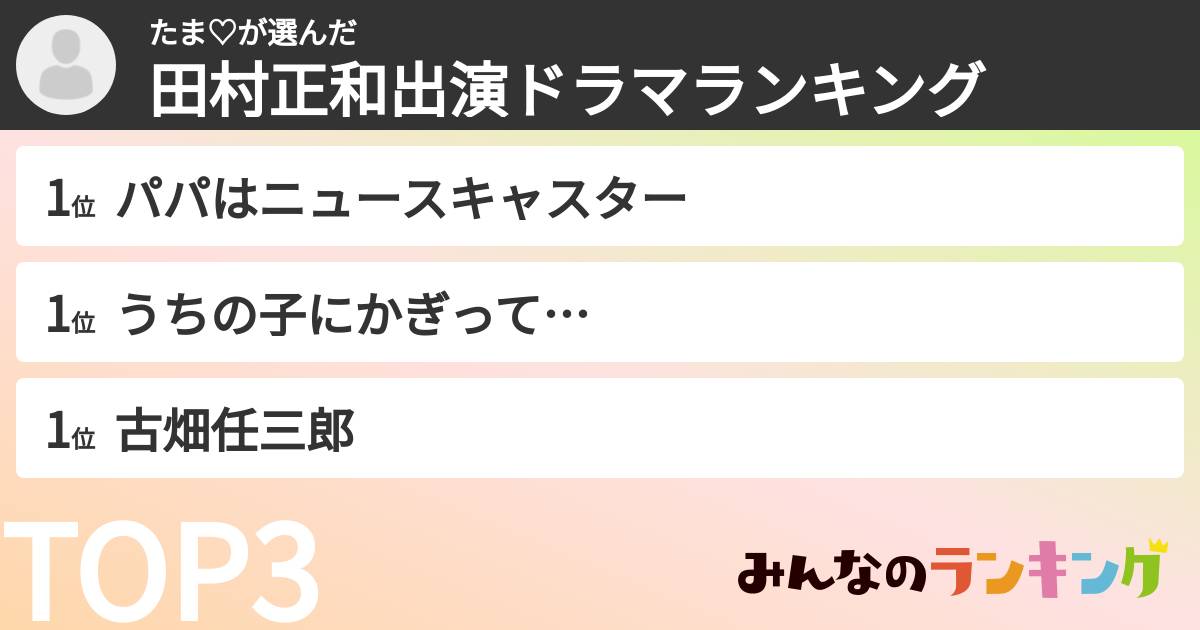 たま♡さんの「田村正和出演ドラマランキング」