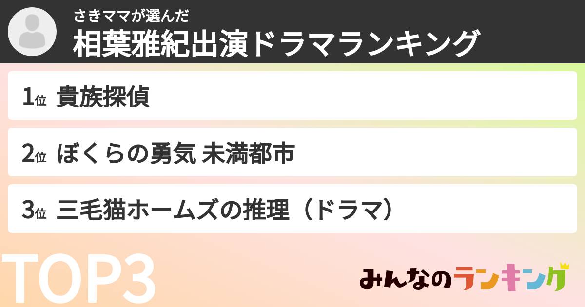 さきママさんの「相葉雅紀出演ドラマランキング」